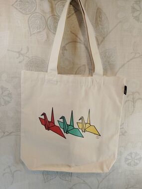 Canvas Origami Crane Tote Bag in Cream with Red, Teal & Yellow Accents